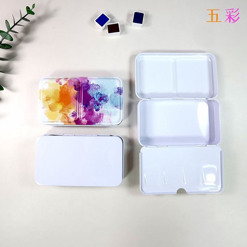 现货批发定制12色三折小号平底便携式固体水彩铁盒 马口铁绘画美术颜 料分装盒